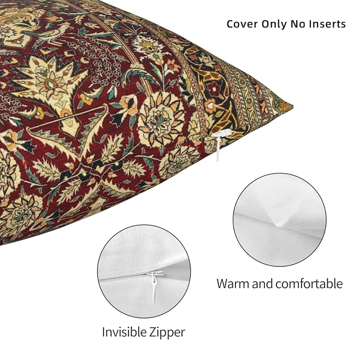 Hereke Turkish Antique Silk Rug Print Pillow Covers Decorative Square Throw Pillowcase 18x18 Inch Couch Cushion Cover for Home Decor Living Room Bedroom College Dorm Bed Car Sofa