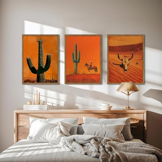 Framed Western Cowboy Canvas Wall Art Set of 3, Vintage Desert Cactus Pictures Wall Decor, Longhorn Bull Skull Paintings Prints Southwestern Home Decor for Living Room Bedroom 12x16 inch