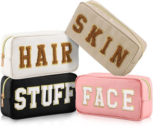 Preppy Makeup Bags Chenille Letter Stuff Bag Nylon Cosmetic Pouch Cases with Zipper for Women Travel Toiletry(Cute Color,Classic,4 Pcs)