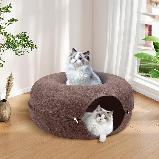 Cat Caves for Indoor Cats, Large Cat Tunnel for Multiple & Large Cats, Scratch Detachable Cave Bed, Kitten Donut Kitty Hideaway Up to 45 Lbs (Brown, Large, 1 Pack)