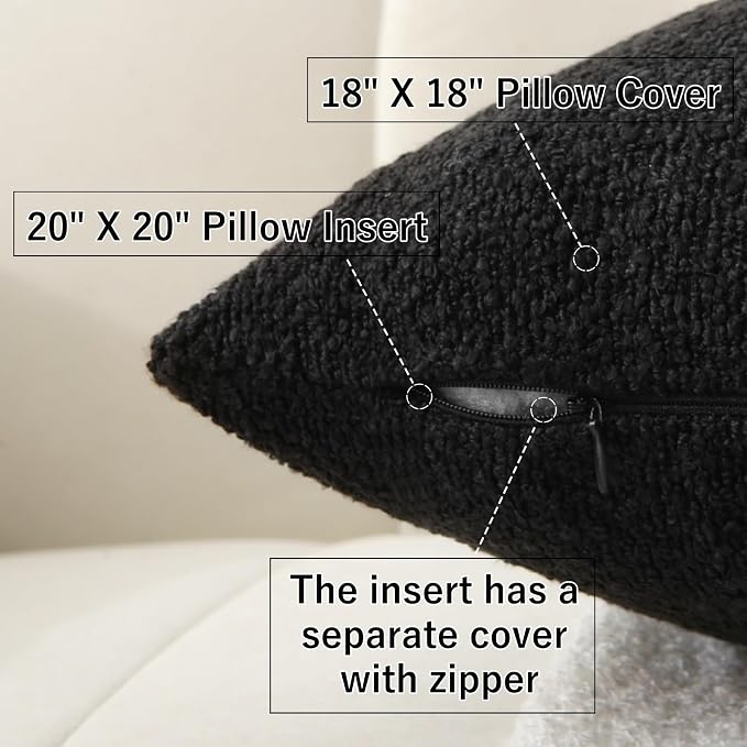 Complete Throw Pillows with Inserts, Set of 2 Decorative Throw Pillow-Boucle-18 x 18"-Square Boho Pillows for Couch, Patio, Bed, Sofa Decor (Black, 18" x 18"(Pack of 2))