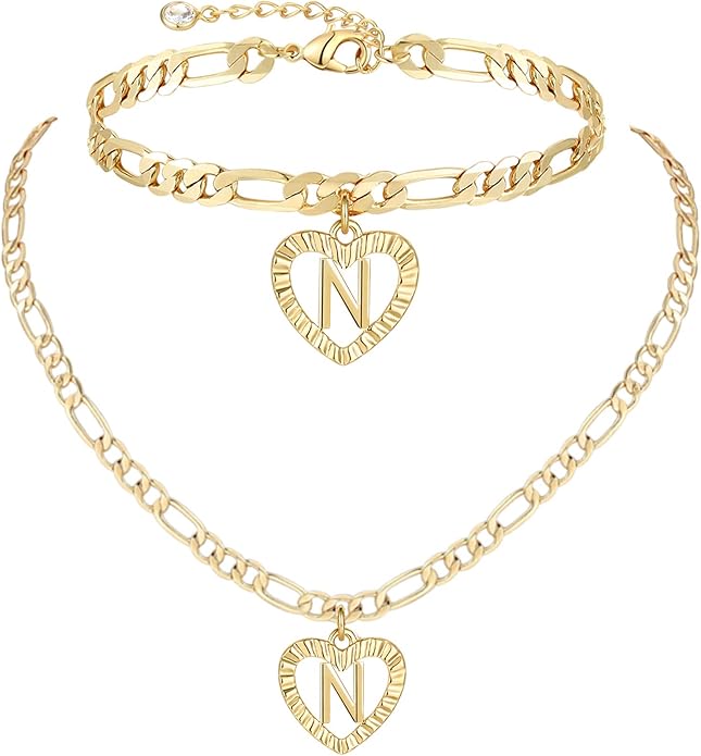 YANODA Gold Initial Pendant Necklace Anklet Bracelet for Women 14K Gold Plated Figaro Chain Letter Initial Heart Necklace Anklets Alphabet Foot Jewelry Personalized Jewelry for Women