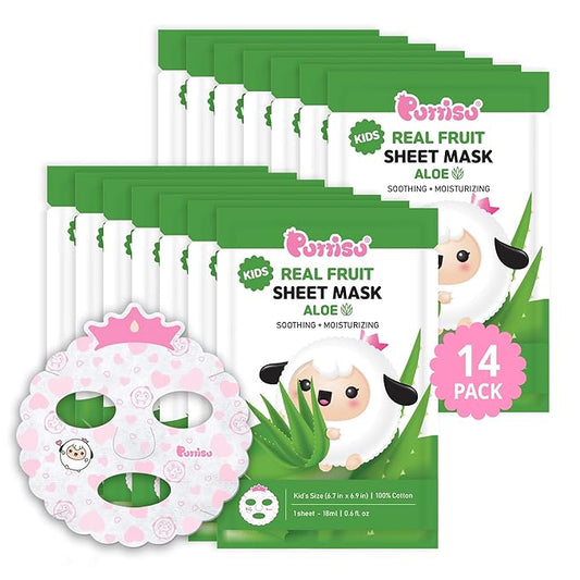 Puttisu Real Fruit Facial Mask Sheet for Kids, Children - Made with 100% Cotton, Moisturize, Sooths and Hydrates Skin (Aloe - Pack of 14)