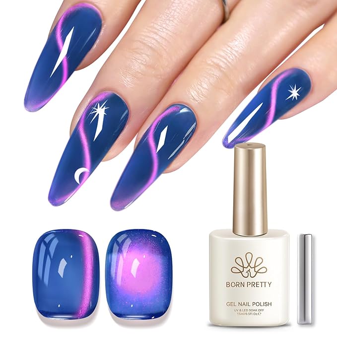 Born Pretty Jelly Glass Navy Blue Cat Magnetic Eye Gel Polish,2026 Spring Summer Fruit Navy Blue Holographic Glitter Shimmer Sheer Magnetic Gel Polish Salon DIY at Home
