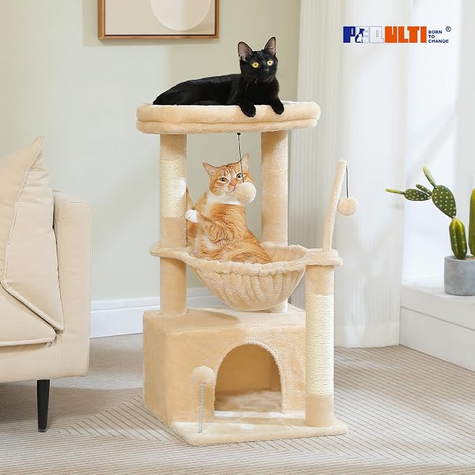 PEQULTI 4-in-1 Cat Tree for Kittens & Small Cats, 33in Beige Tower | Compact 33in cat tower: deep hammock, cozy condo, top perch, sisal post; removable washable cover; wide base for small cats