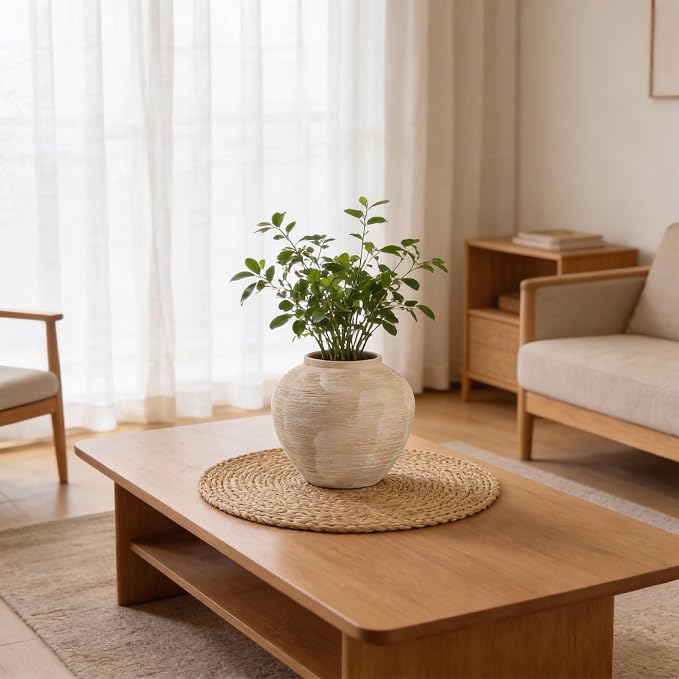 Rustic Ceramic Vintage Farmhouse Vase for Decor (Large Ribbed Whitewash) | 8.8'' Boho Decorative Vase for Home Decor, Round Clay Terracotta Bowl vase for Living Room, Table, Shelf, Centerpieces