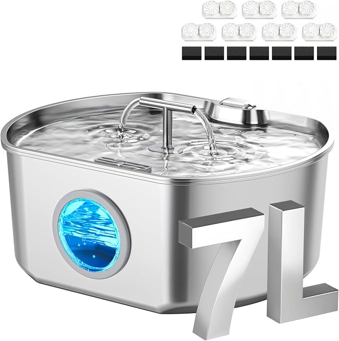 Cat Water Fountain Stainless Steel - 7L/236oz Cat Drinking Fountain | Dog Water Fountain Inside - Automatic Dog Watering Dispenser Bowl - Large Capacity for Multiple Pets (7 Filters)