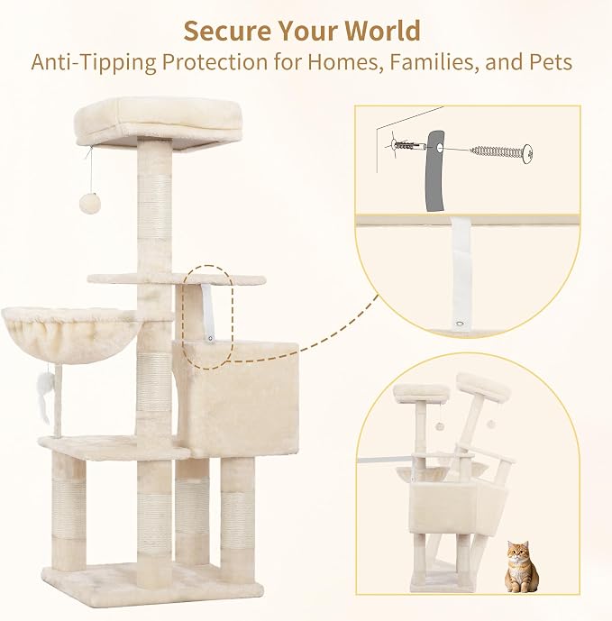 Heybly Cat Tree with Toy, 43.3 inch Cat Tower for Indoor Cats HCT004SM | Cat Condo with Durable Sisal Scratching Posts, Cat House with Padded Plush Perch, Cozy Hammock, Beige