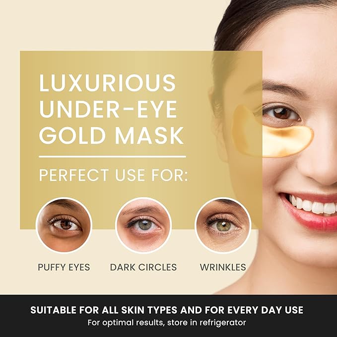 24K Gold Under Eye Patches (22 Pairs) – Collagen Masks for Dark Circles, Puffiness & Wrinkles – Skincare Treatment for Women