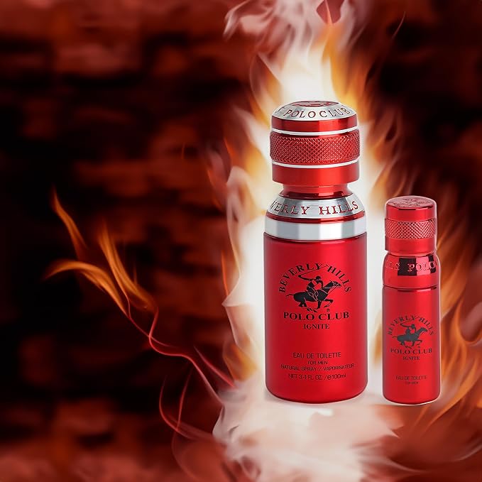 Beverly Hills Polo Club Ignite Men's Cologne Bonus Pack - Designer Eau De Toilette Spray Set 3.4oz & Travel 0.5oz - Long-Lasting, Alluring, Signature Fragrance for the Modern Man
