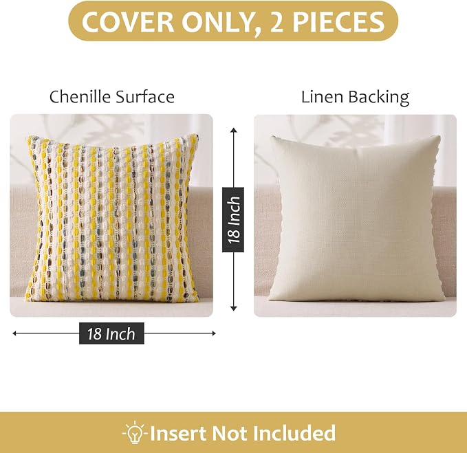 ANRODUO Boho Decorative Pillow Covers Yellow Cream 18x18 Inch Set of 2 | Chenille Tufted Pillow Covers, Woven Throw Pillow Covers with Raised Stripes, Neutral Pillowcase for Couch Sofa Living Room