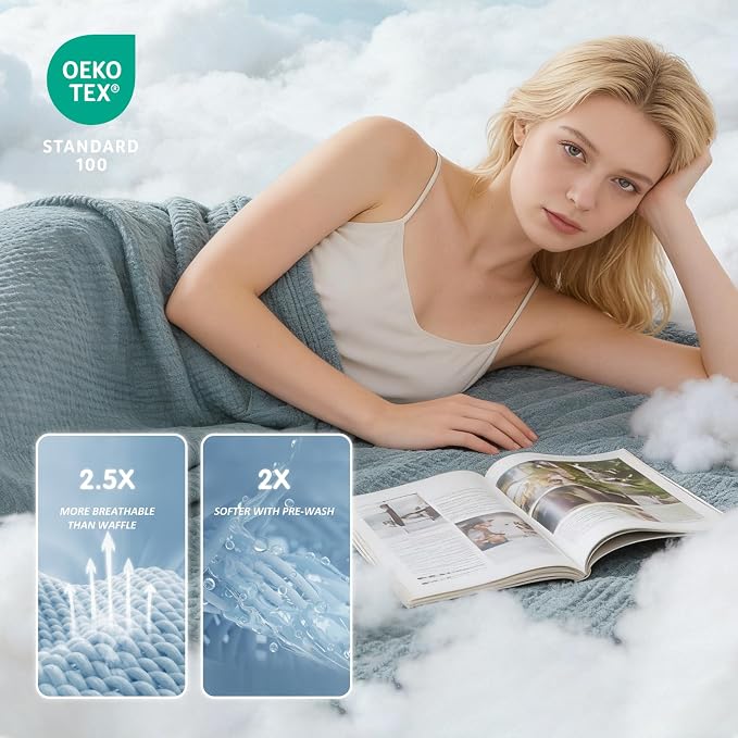 EMME Cotton Muslin Throw Blanket Couch Breathable Gauze Blanket Soft Lightweight Adults (Heather Teal, 50"x60")