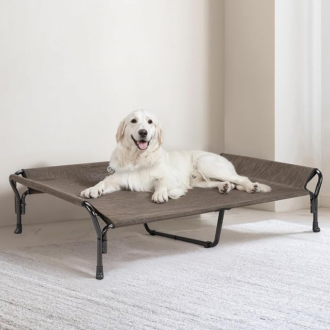 Veehoo Cooling Elevated Dog Bed, Raised Dog Cot with Guardrail & Headrest | Washable Dog Couch Bed for Indoor & Outdoor, Durable Breathable Teslin Mesh, Non-Slip Feet, 51" x 34", XLarge, Brown