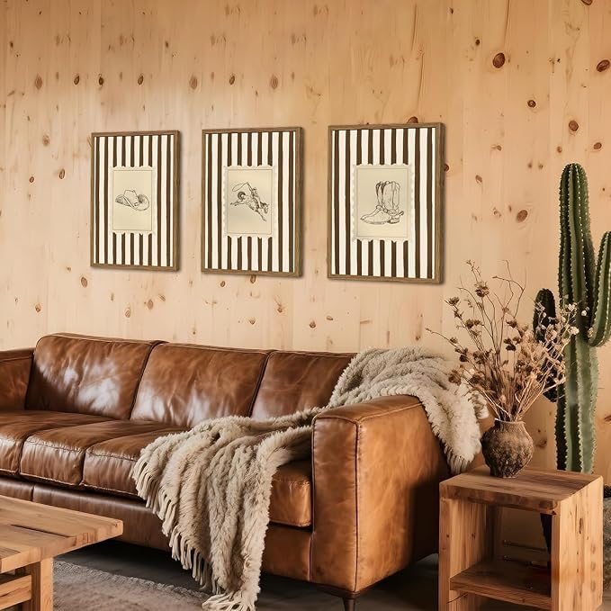 Western Cowboy Wall Art Set of 3, Vintage Cowboy Boots Hat Wall Decor Painting Southwestern Rodeo Canvas Prints Picture for Living Room Bedroom Farmhouse 16x24 Inch Wood Framed