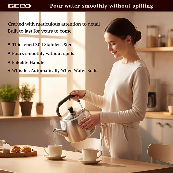 GEDO Stainless Steel Whistling Tea Kettle, 304 Food Grade, Large Capacity, Stovetop Kettle for Gas Stove and Induction Cooktop (5L/5.28QT)