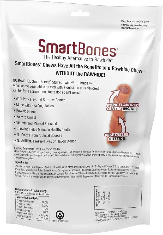 SmartBones Stuffed Twistz Rawhide-Free Dog Treat, Real Pork, 6 Count | With Real Vegetables & Pork Flavor, Easy To Digest Chew, No Artificial Preservatives or Flavors, For Adult Dogs