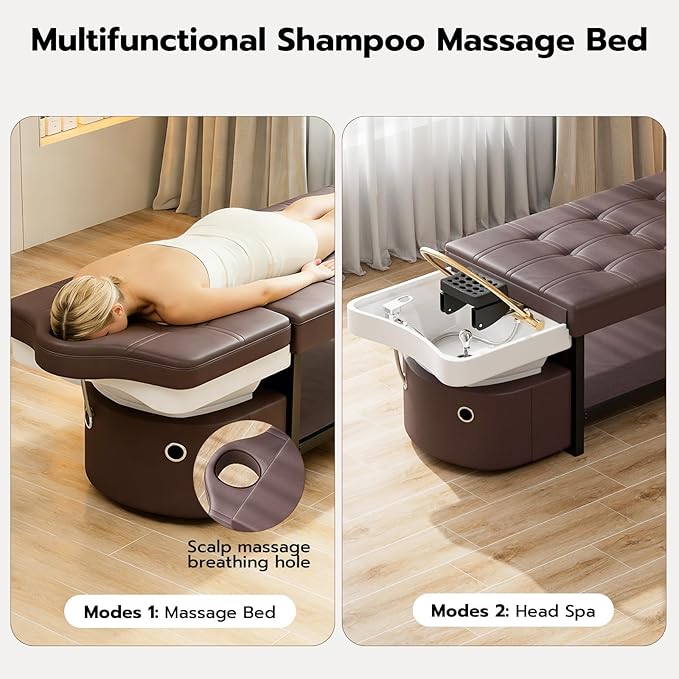 SyyBhb 2-in-1 Shampoo and Massage Bed with Waterfall Head Spa Equipment and Storage, Suitable for Barbershops Beauty Salon Spa Treatment Therapy Home Use, Brown