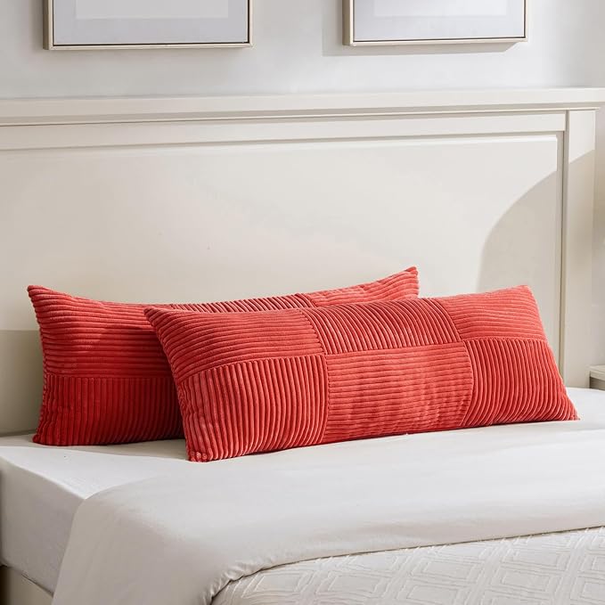 Fancy Homi Set of 1 Red Boho Long Lumbar Body Decorative Throw Pillow Cover 21x54 Inch for Bed Couch Bedroom Bench, Soft Patchwork Corduroy Textured Pillow Case, Rustic Farmhouse Room Decor