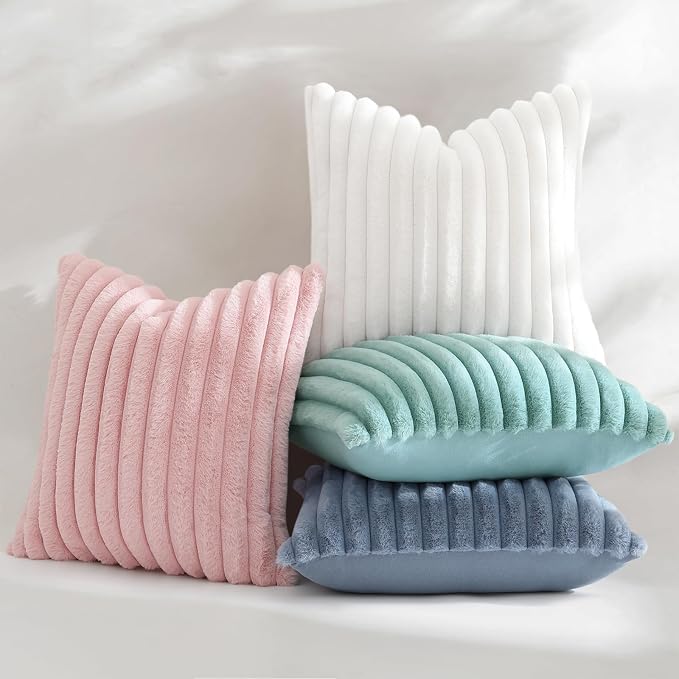 decorUhome Fall Faux Fur Throw Pillow Covers 22x22 Set of 2 Pink | Decorative Soft Cozy Striped Plush Modern Farmhouse Boho Couch Pillow Cases Velvet Back for Sofa Bed Living Room Home Decor