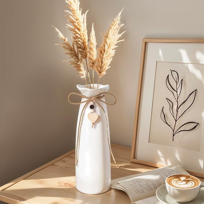 8 Inch Ceramic Vase with Jute Rope & Heart Charm, Elegant White Decorative Vase for Home Décor & Table Centerpieces
