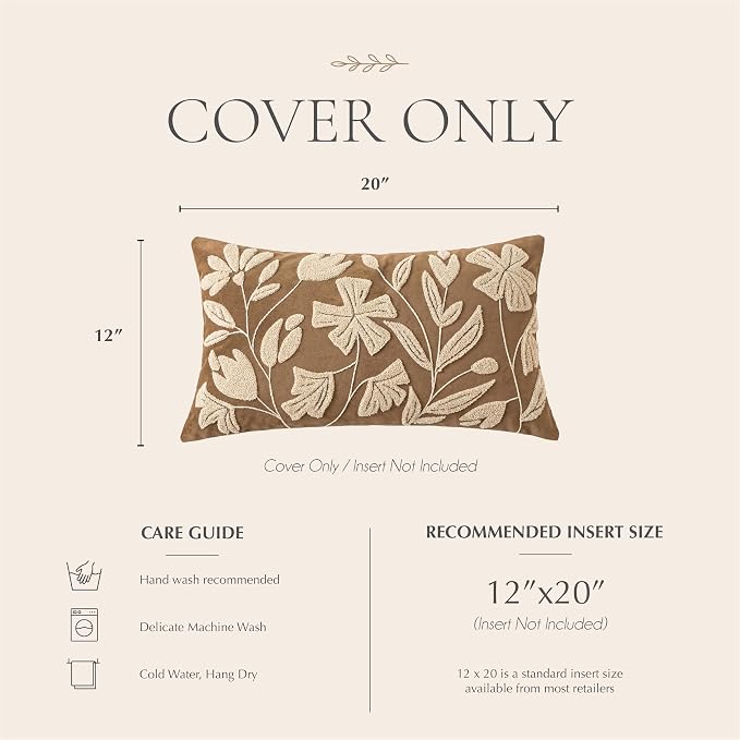 12x20 Lumbar Pillow Cover, Rectangular Brown Decorative Throw Pillowcase for Couch Sofa, Embroidered Velvet Farmhouse Accent Cushion (Cover Only)