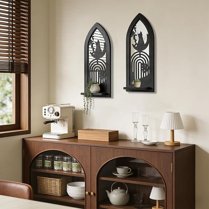 ZEXUIRU 2 Set Rustic Candle Sconces Living Room Bedroom Entryway Wood Mirrored, Farmhouse, Carved Frame Wall-Mount Wooden Candle Holders Wall Decor Hanging Handmade Holder - Black