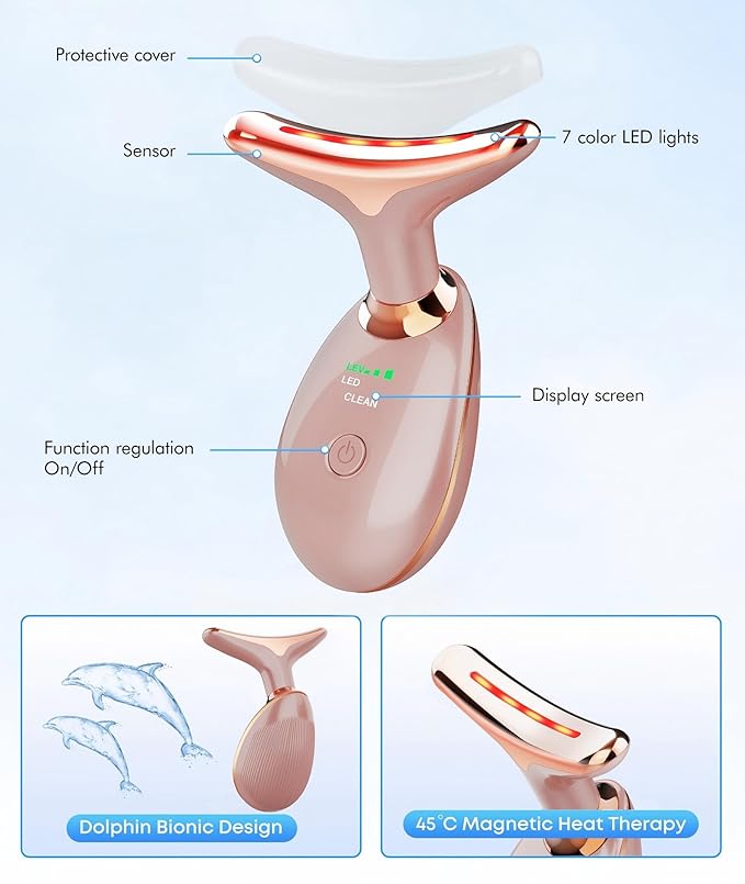 SDKWDH Red Light Therapy for Face and Neck, 7 Color Face Massager Tool for Wrinkles, Double Chin, Vibrating Facial Massager with Thermals for Skin Care, Rose Gold
