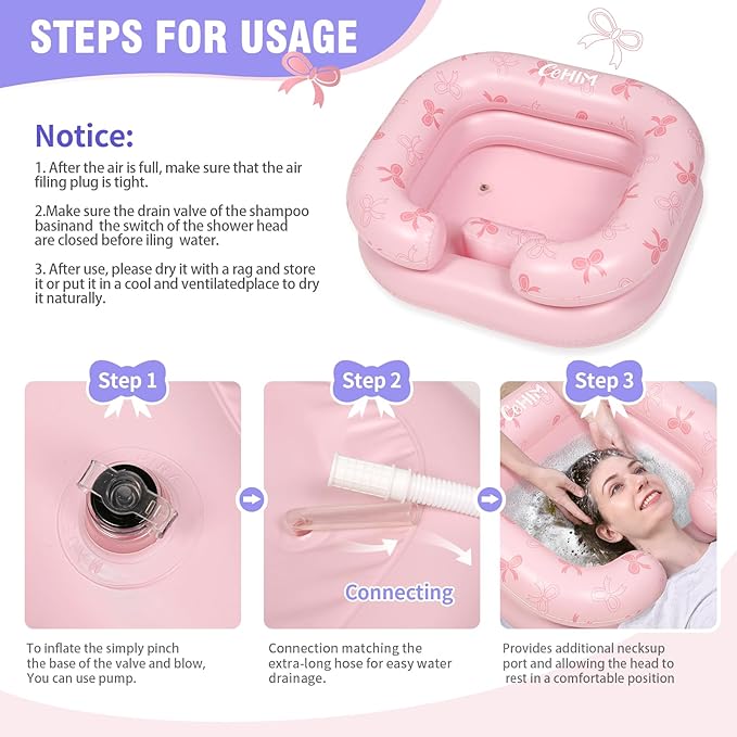 Inflatable Shampoo Basin for Kids - Hair Washing Basin for Children,Teens,Toddler With Neck Support, Portable Shampoo Bowl for use In Bed,on Bathtub,On Floor,or Sink,Tear-Free Rins
