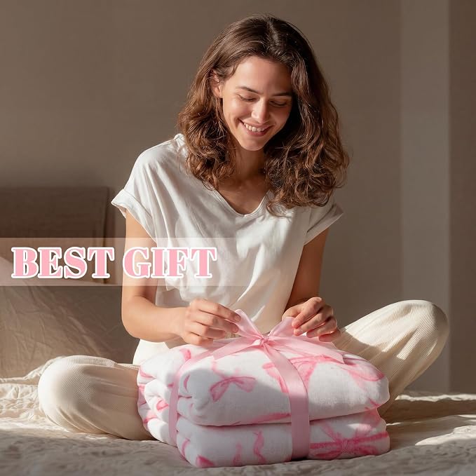 Pink Bow Throw Blanket 60"x80" Soft Flannel for Girls Women | Coquette Aesthetic Decor with Ruffled Edges, Ultra Plush Bed Sofa Blanket, Preppy Gift for Teens, Back to School Dorm Room