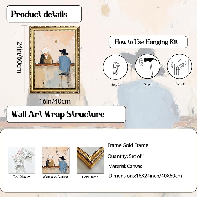 Gold Framed Western Cowboy Wall Art, Vintage Cowboy Bar Wall Decor Painting Mid Century Southwestern Canvas Prints Picture for Farmhouse Living Room Bedroom 16x24 inch