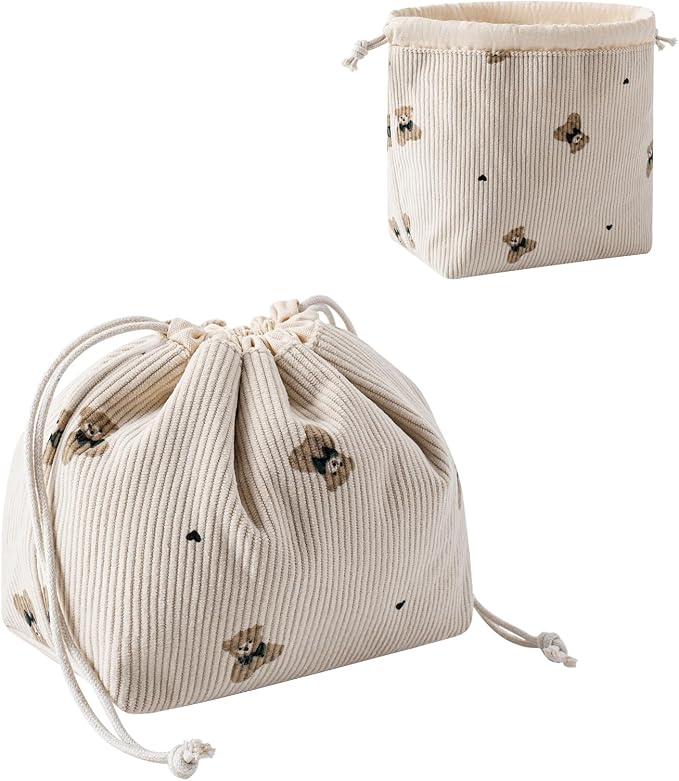 RSRSLEII Aesthetic Corduroy Drawstring Makeup Bag, Cute Coquette Drawstring Cosmetic Bag with Canvas Lining, Bear Pattern Travel Makeup Organizer Case for Women Girls (04 Light Taupe)