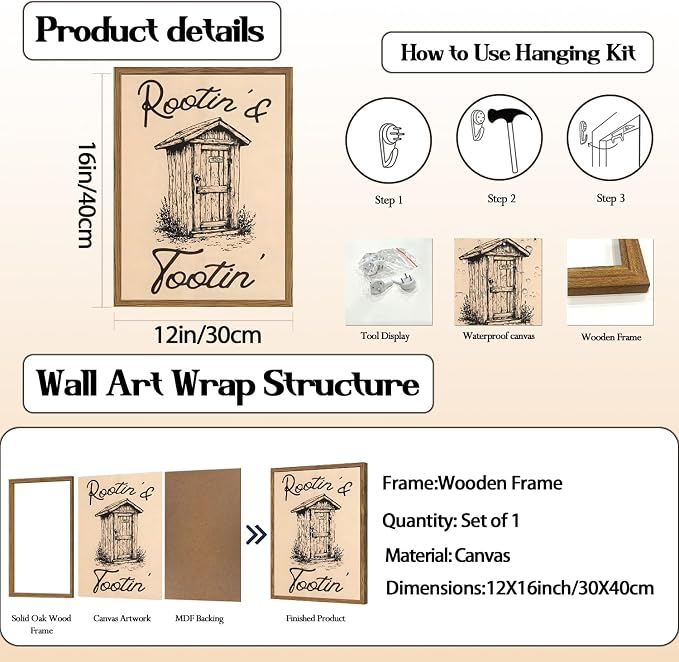 Cute Western Bathroom Wall Art Vintage Southwest Rustic Restroom Wall Decor Painting, Western Cowboy Ranch Toilet Rootin Tootin Poster Canvas Print Picture 12x16 inch Wood Framed