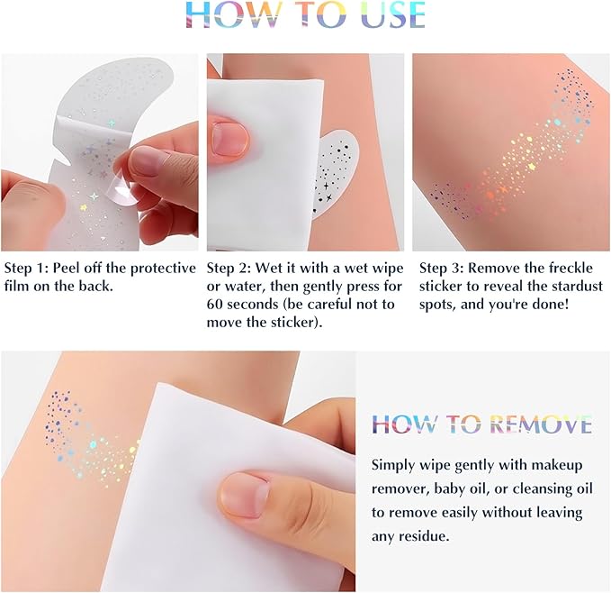 Glitter Freckles Face Tattoo, Holographic Color-Changing Makeup Tattoo Patches, Waterproof and Sweatproof Sparkle Speckles Patches for Women, Cute Star Temporary Freckles Makeup Accessories 6Pcs