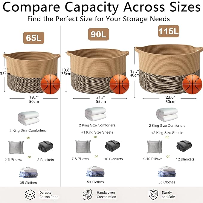 90L Extra Large Blanket Basket,Woven Rope Laundry Basket-Jute&Black | Collapsible, reinforced handles, nursery storage bin organizes clothes, toys and pillows for living room, bedroom bathroom