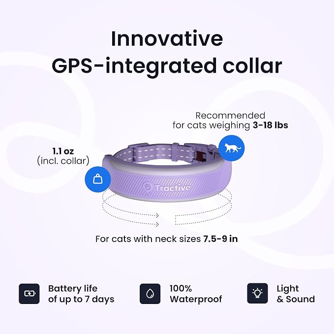 Tractive Smart Cat GPS Tracker Collar | Real-Time Location & Wellness Monitoring for Cats | Territory & Location History | Health Alerts & Vitals Monitoring | Breakaway Collar (Brown) (Lavender)