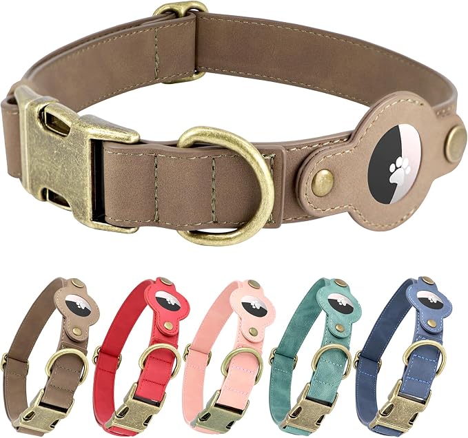 Airtag Dog Collar, PU Leather Collar w Airtag Holder for Large Dogs(Brown)