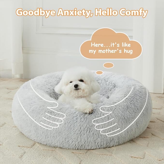 WNPETHOME Small Round Calming Dog Bed Cat Bed for Comfy Sleep | Dog Bed For Small Dog, Cute Washable Puppy Bed with Fuzzy Plush, Fur Anxiety Pet Bed Donut Cuddler (20x20x8in, Light Grey)