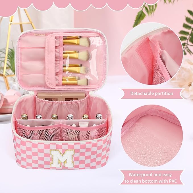 OCHEAL Makeup Bag Valentines Day Gifts for Women, Monogram Cosmetic Bag Pink Travel Makeup Case Beauty Toiletry Bag Organizer Personalized Gifts for Girls Bridesmaid, Sister, Wife, Friends Initial M