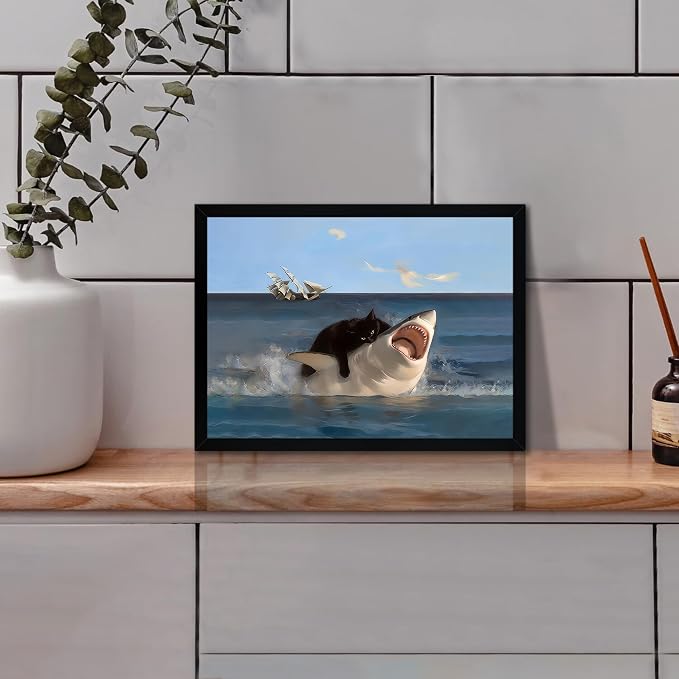 ICHZUMW Framed Funny Black Cat Biting Shark Ocean Canvas Wall Art 12x16 In | Quirky Cat Biting Shark Oil Painting, Humorous Bathroom Wall Decor, Bedroom Bar Man Cave Restroom Powder Room, Ready to Hang