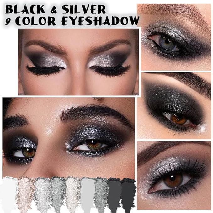 evpct 9 Colors Silver Gray Glitter Eyeshadow Palette, Black Smokey Grey and Silver White Sparkle Glitter Shimmer Shiny Eye Shadow Palette Makeup kit for older Women, High Pigment Waterproof eyeshadow