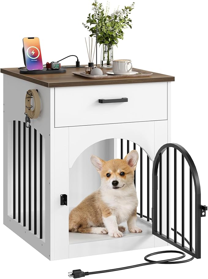 CHOEZON Dog Crate Furniture, Wooden Dog Kennel with Charging Station and Storage Drawer, Indoor Pet Crate End Table for Small Breeds, Dog Cage for Living Room, Bedroom, White and Walnut MGW01UWL