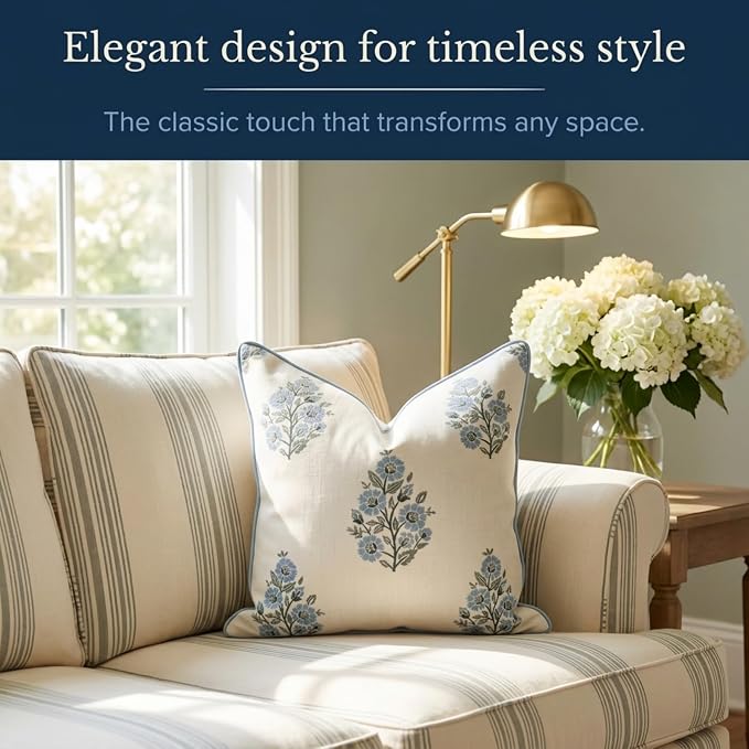 “The Camille” Floral Block Print Pillow Cover – Soft Blue and White Decorative Throw Pillow Cover – Grandmillennial Home Decor, 20" x 20"