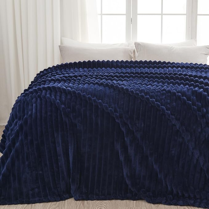 NEWCOSPLAY Fleece Ribbed Cozy Queen Blanket for Couch, Dark Navy, 90"x90" | Premium Silky Flannel Blanket, Soft Lightweight Fluffy Throw Blanket for Bed Sofa Decor, Gift for All Season Use