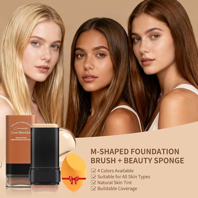 Full Coverage Foundation Stick with Contour Brush, Water Resistant & Lightweight Foundation Makeup with Beauty Sponge, Buildable Concealer Stick for Multiple Skin Tones, Daily Natural Matte Finish