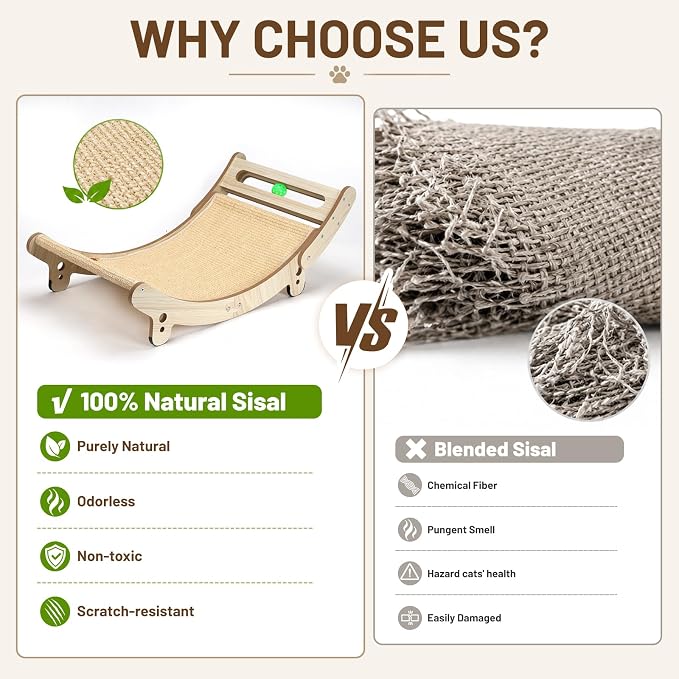 31.5" Sisal Cat Scratcher Bed with Bell Balls Wooden Cat Furniture(XXL) | Cat Scratching Post for Indoor Cats Hammock.Natural Sisal Cat Scratch.Anti Slip and Stable Without Shaking.Easy to install