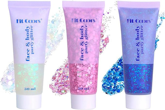 Face Body Glitter Paint Set for Women and Kids, White Pink Blue Holographic Mermaid Sequins Chunky Glitter Makeup for Music Festival Rave Accessories, Easter, Wedding, Valentine, Prom