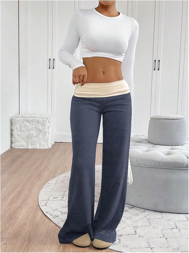 SOLY HUX Women's Sweatpants Color Block Low Rise Fold Over Waist Baggy Wide Leg Pants