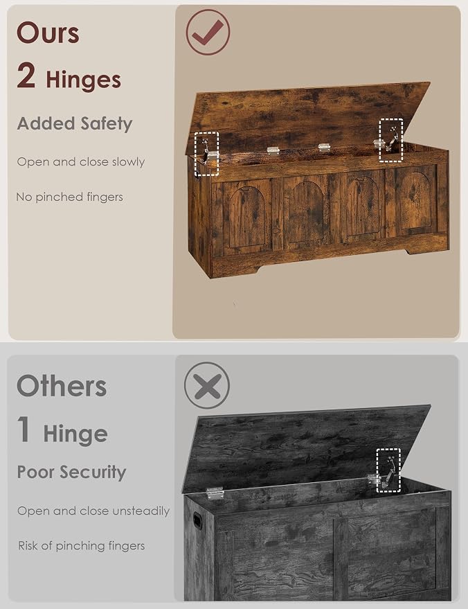 Storage Chest, Wooden Toy Box, Rustic Brown 50.0" L | Extra Large Storage Bench, 2 Soft-close Hinges, Finger-safe Flip-Top Lid, Easy Assembly, Farmhouse Trunk, Living Room/Bedroom