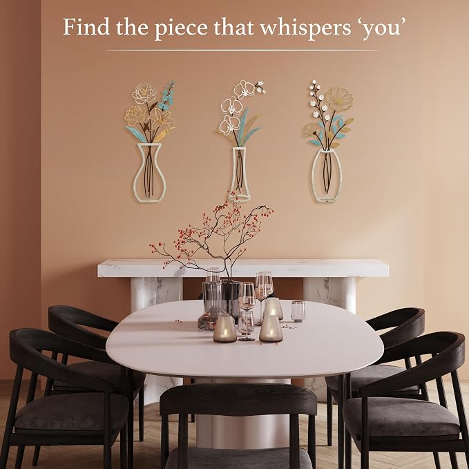 CarryWise 3 Piece Metal Flower Wall Art for Bedroom Living Room, Flower Blue gold