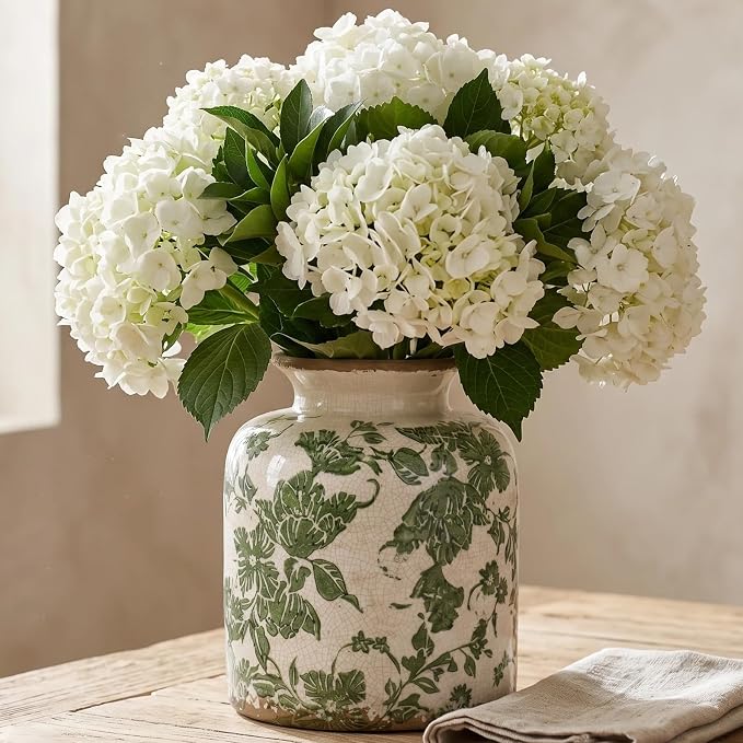 Vintage Green Ceramic Vase for Flower, Decorative Vases for Home Decor | 6.2in Rustic Tuscan Style Scroll Floral Holder, White Vase for Living Room, Mantel, Kitchen, Centerpieces, Tables